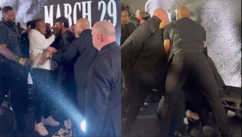 KSI цапардоса Дилън Данис с палачинка по време на пресконференция