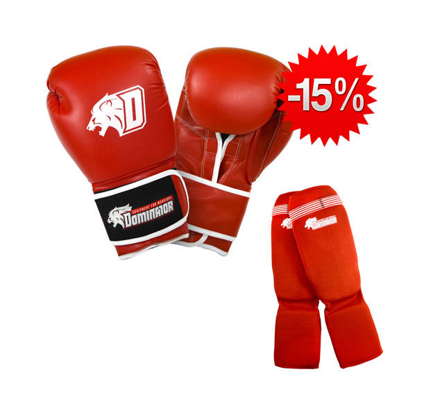 Stack Dominator - Боксови Ръкавци / D Logo - Червени (ест. кожа) + Dominator - Протектор за крака (памучни / червени)