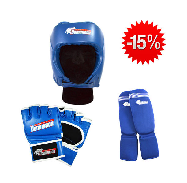 Stack Dominator - Боксова каска / синя + Dominator - MMA Ръкавици / сини + Dominator - Протектор за крака (памучни / сини)